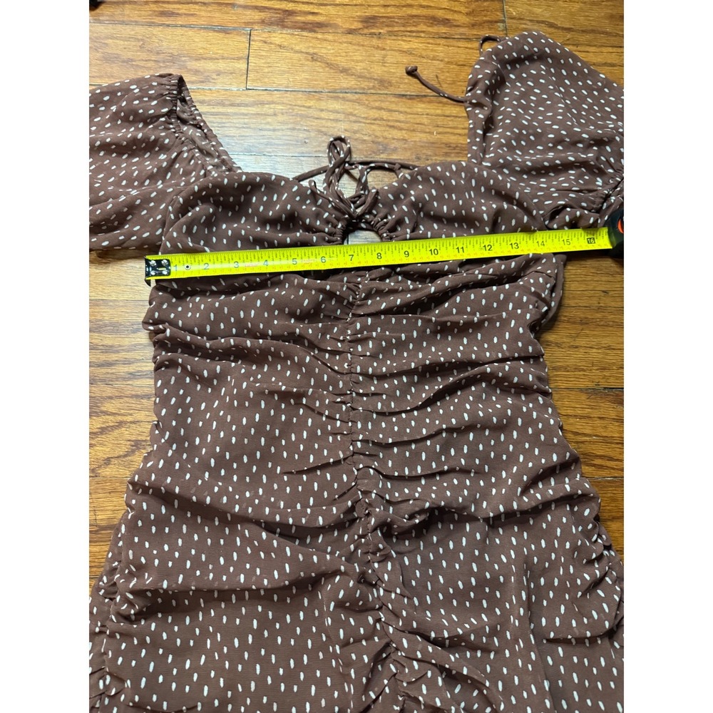 Stella Laguna Beach Brown Dotted Ruched Puff Sleeve Lace Up Mini Dress Medium - Picture 5 of 8
